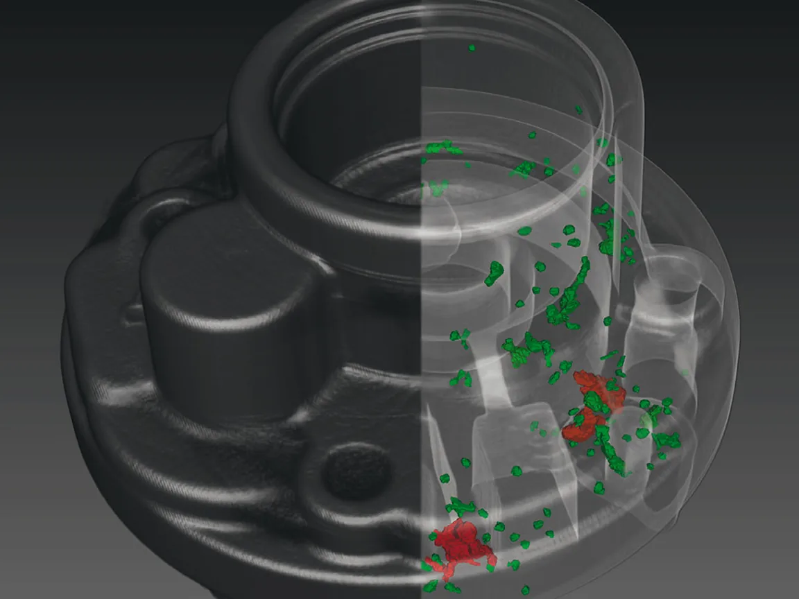 CT-Analyse eines Gussteils mit farbig markierten Lunkern und Poren